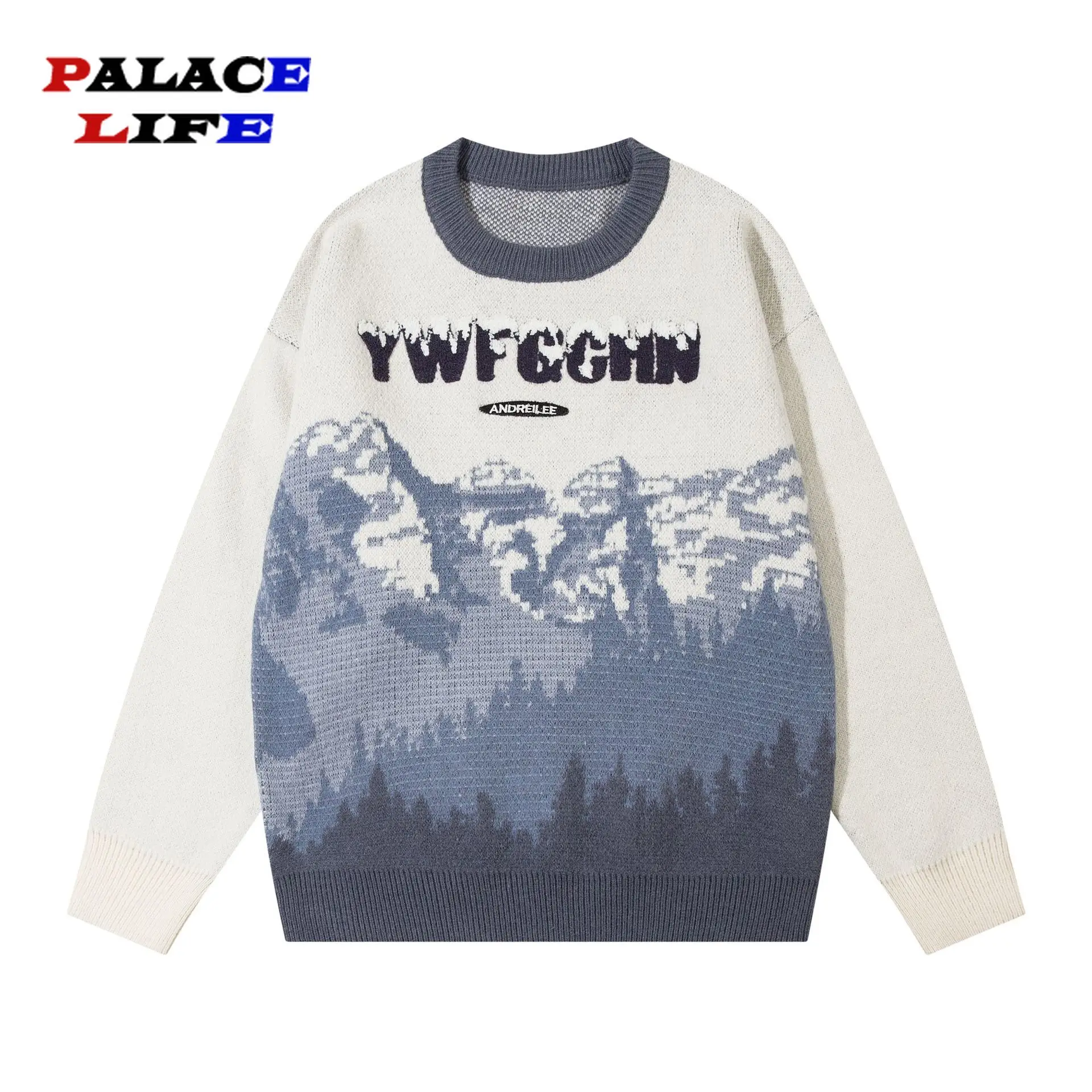 Harajuku Vintage Sweater Men Fashion Snow Mountain Jacquard Knitted Sweaters Oversized Autumn Winter Streetwear Couple Pullover