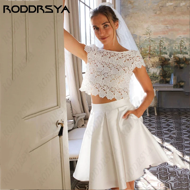 RODDRSYA Vestido De Noiva Cap Sleeve Two Pieces Wedding Dress For Women With Flowers Insertable Pocket Bridal Party Retro O-Neck