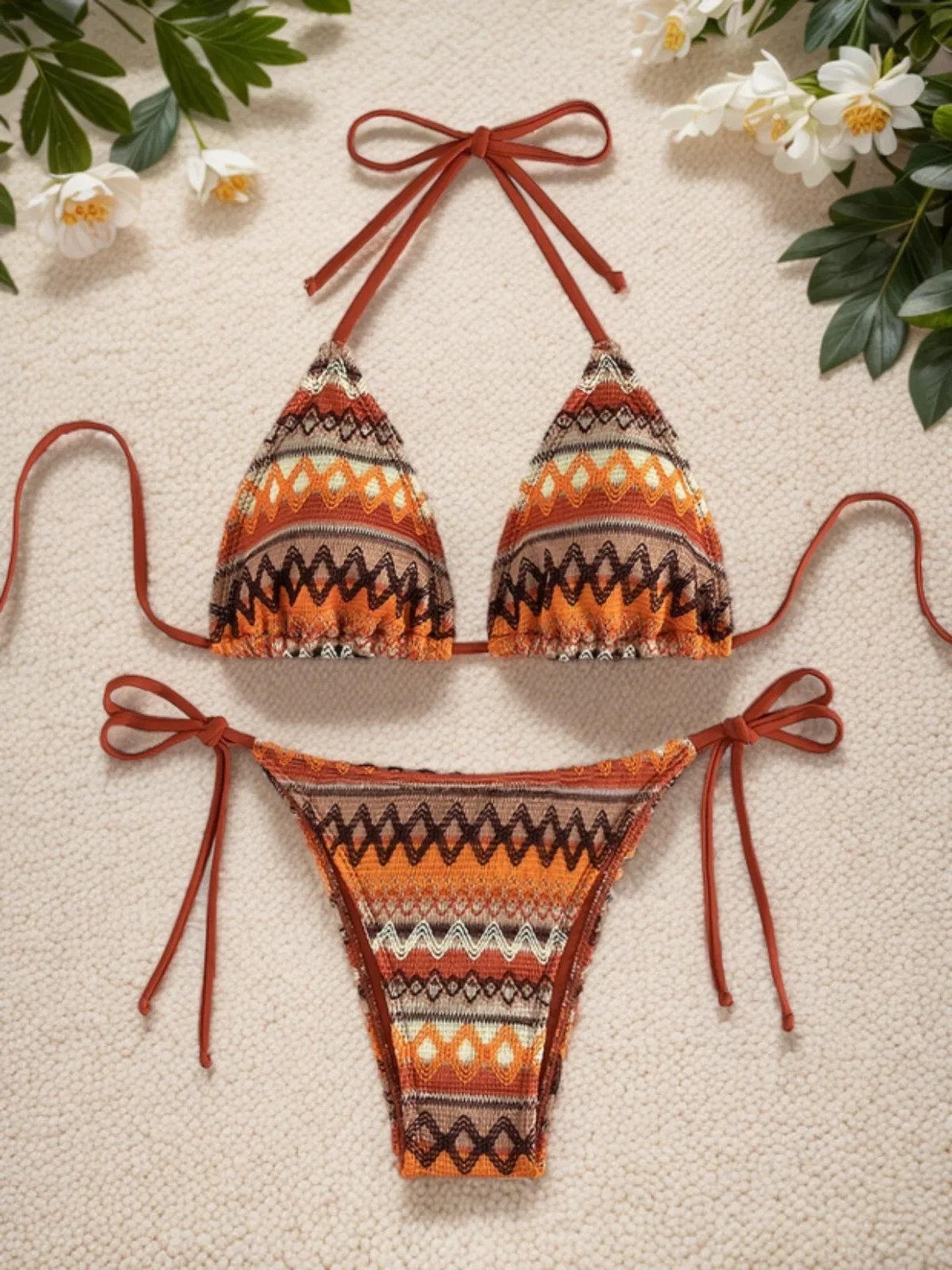 

2024 Women's 2-piece Swimsuit Sexy Knitted Striped Bikini Set Triangle Bra Suspender Halter Backless Beach Vacation Swimwear