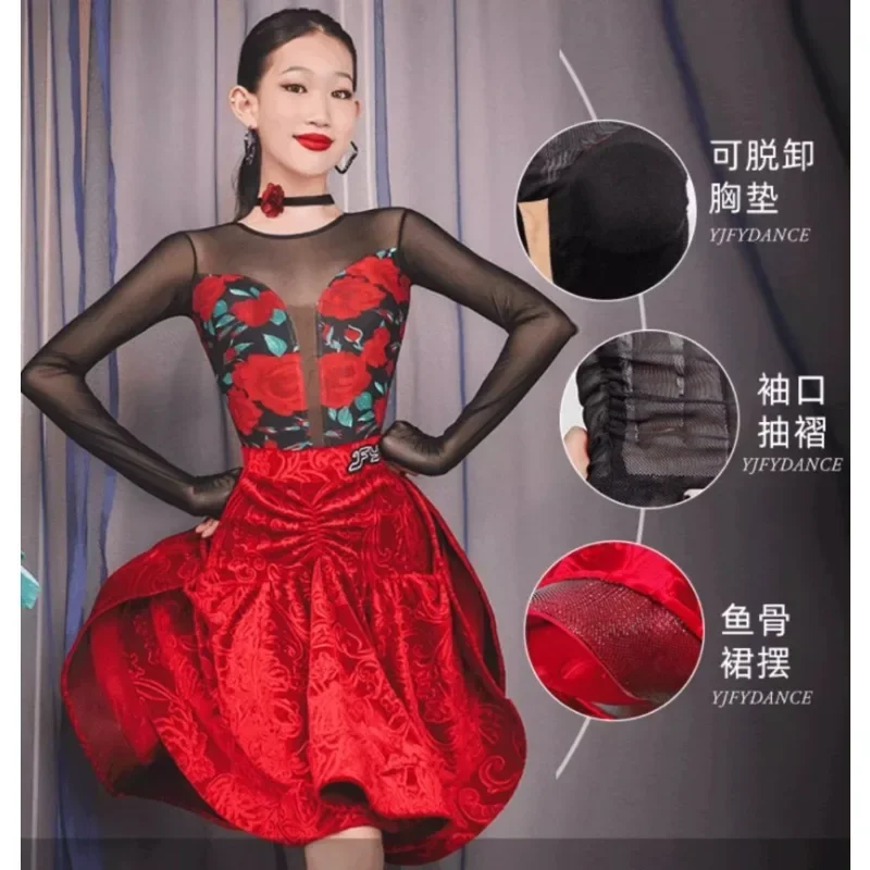 أزياء النساء اللاتينية الرقص أداء الكبار طويلة الأكمام المطبوعة بذلة التنانير دعوى تشاتشا رومبا فستان رقص اللاتينية