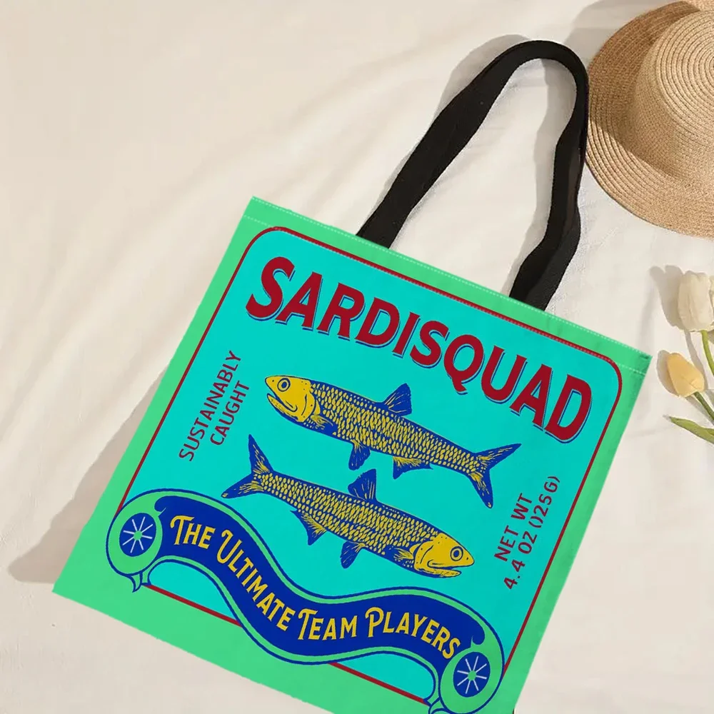 Bunte, trendige Sardinen-Druck-Freizeithandtasche, wiederverwendbarer modischer Rucksack, multifunktionale Einkaufstasche, Polyester-Einkaufstasche – Detail 12
