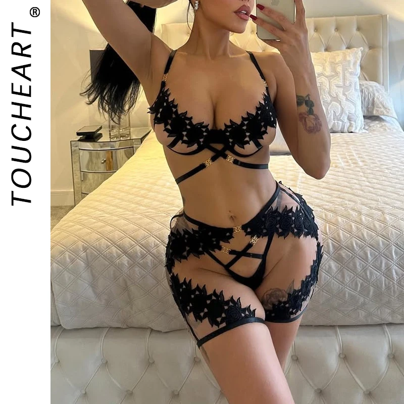 

Toucheart Sexy Lingerie Suit for Women Mesh Embroidery Patchwork Perspective Sexy Lingerie Women's Black Flower Hollow Underwear