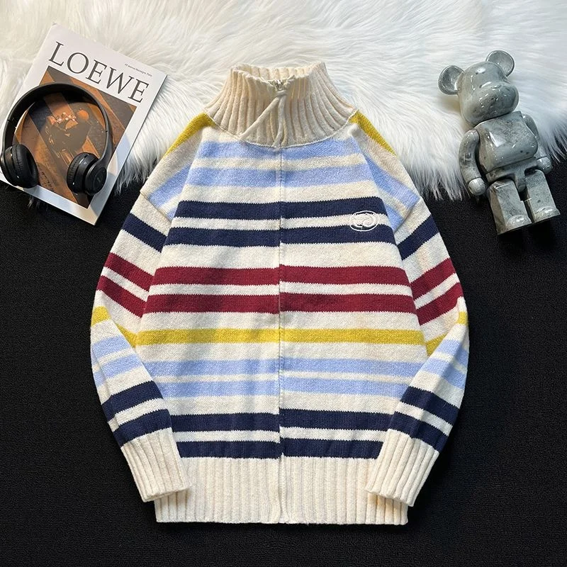 

Открытый кардиган в радужную полоску с воротником-стойкой, мужской свитер ленивого цвета, свободная вязаная верхняя одежда, зимняя повседневная одежда