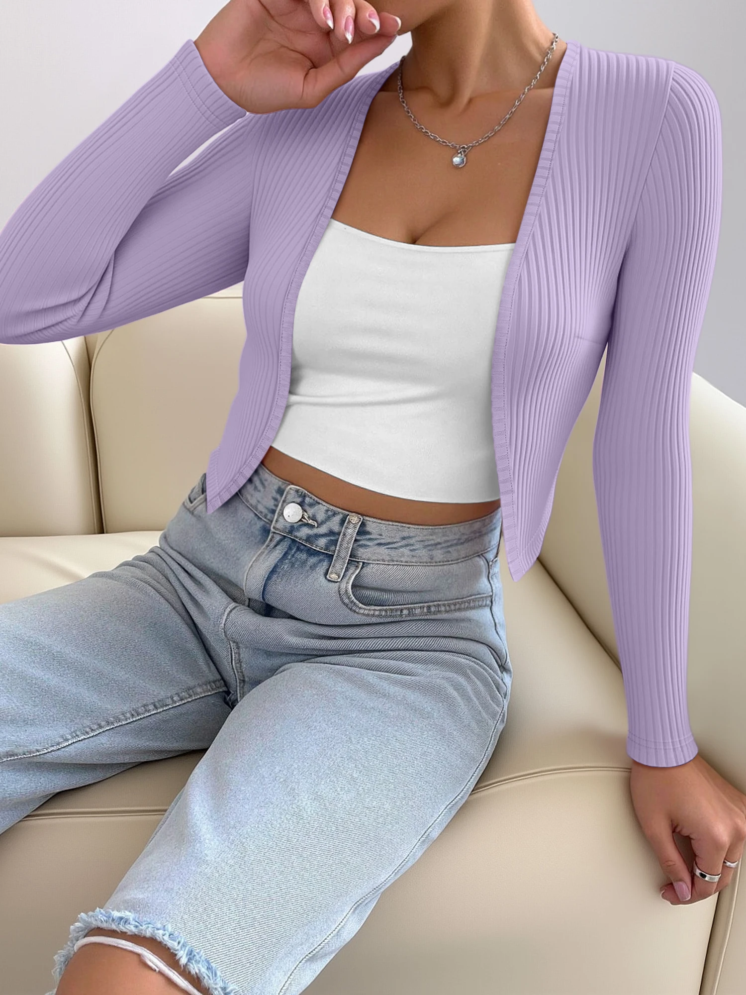 

Lightweight Open Front Cardigan for Women, Ribbed Knit Long Sleeve Crop Top Breathable for Daily Casual Wear