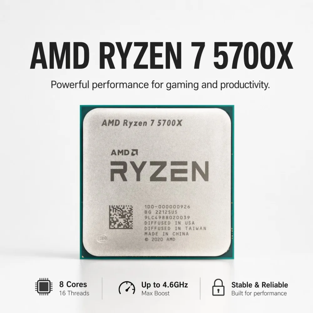 AMD Ryzen 7 5700X Desktop CPU 8 Core 16 Thread 3.4GHz 7NM 32MB L3 Cache 65W Socket AM4 PCIe 4.0 Processor New Without Cooler