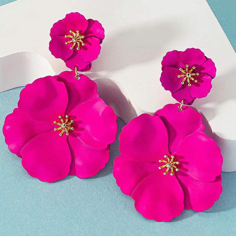 

Korean Fashion Big Flower Drop Earrings for Women Wedding Vintage Long Colorful Double Layer Enamel Floral Post Earring