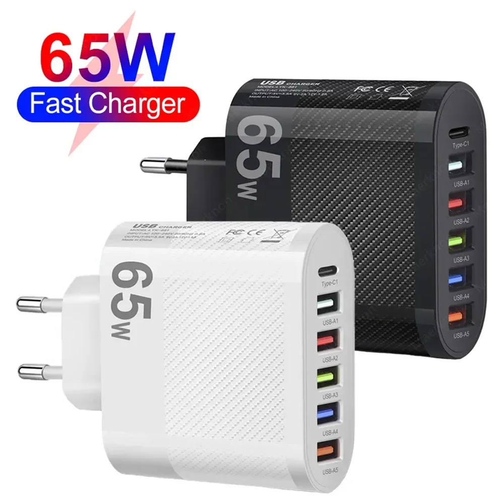 65W 5 USB Type-C Fast Charging Charger For iPhone Xiaomi Samsung Huawei Google Quick Charge Phone Power Adapter Chargers