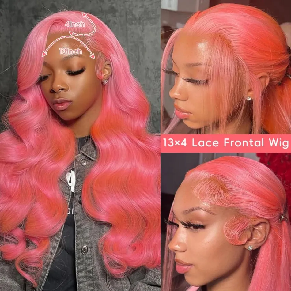 วิกผมสีชมพู 13x6 HD Lace Frontal Wig ความหนาแน่น 250% ทรงลอนธรรมชาติ วิกผมแท้ 100% ย้อมสี ถอนขนแล้ว วิกผมบราซิล ขนาด 38 นิ้ว สำหรับผู้หญิง