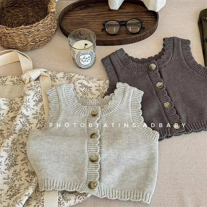 Korean Autumn Woolen Yarn Girl Winter Waistcoat Loose Coat 2024 Fashion Striped Vest Autumn Childrens Clothing Children