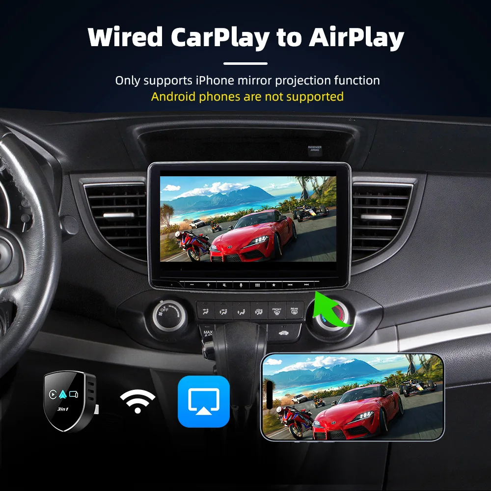 2026 Upgrade 4-in-1 Wired to Wireless CarPlay Android Auto Adapter with Screen Mirroring ios CarPlay/Android Auto/Mirroring