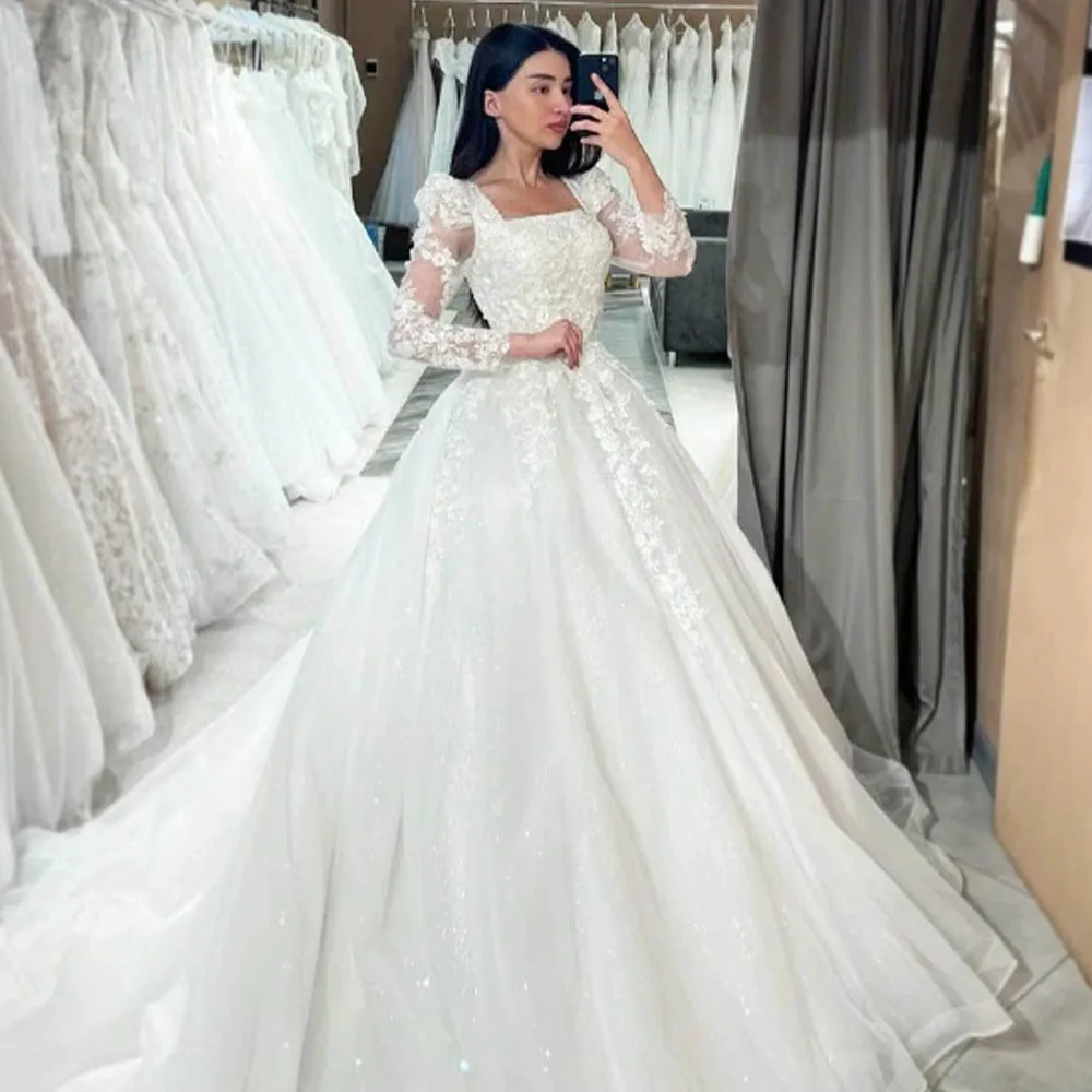 

Custom Made Long Sleeves Lace Applique Bridal Grown A Line Wedding Dresses