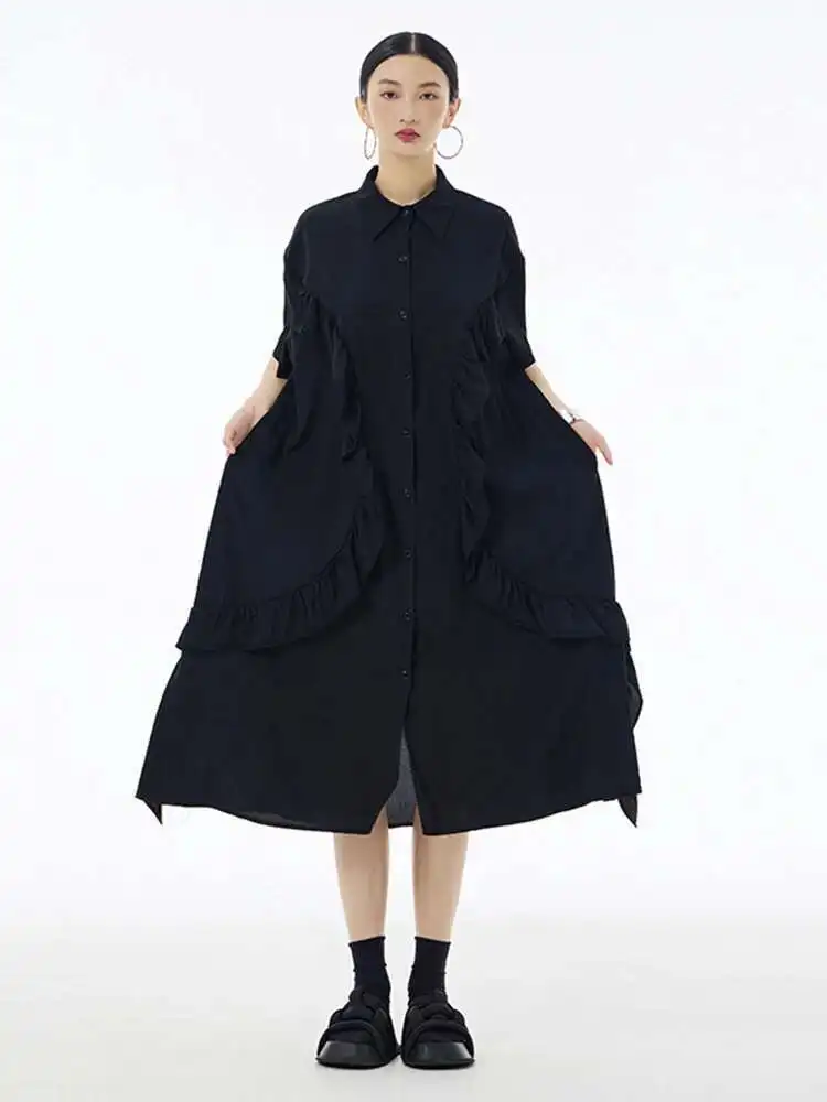 Damska Zielona Sukienka Koszulowa z Falbankami, Asymetrycznym Krojem, w Dużych Rozmiarach, Nowa, z Kołnierzykiem, Krótkim Rękawem, Modna, Wiosenno-Letnia