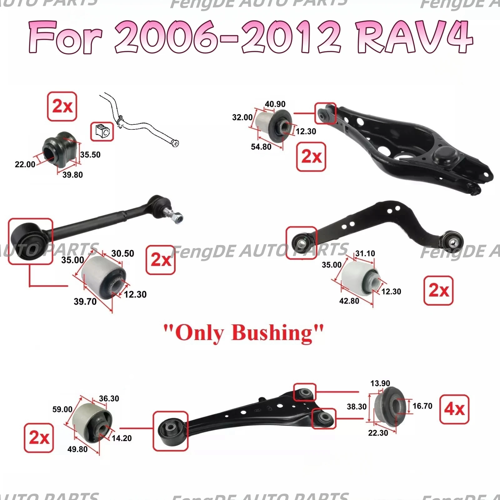 

Rear Control Lateral Trans Arm Bushings Set 14Pcs Bushings For Toyota Rav4 2006-2012 4873042050 4871042020 4877042040 4876042010