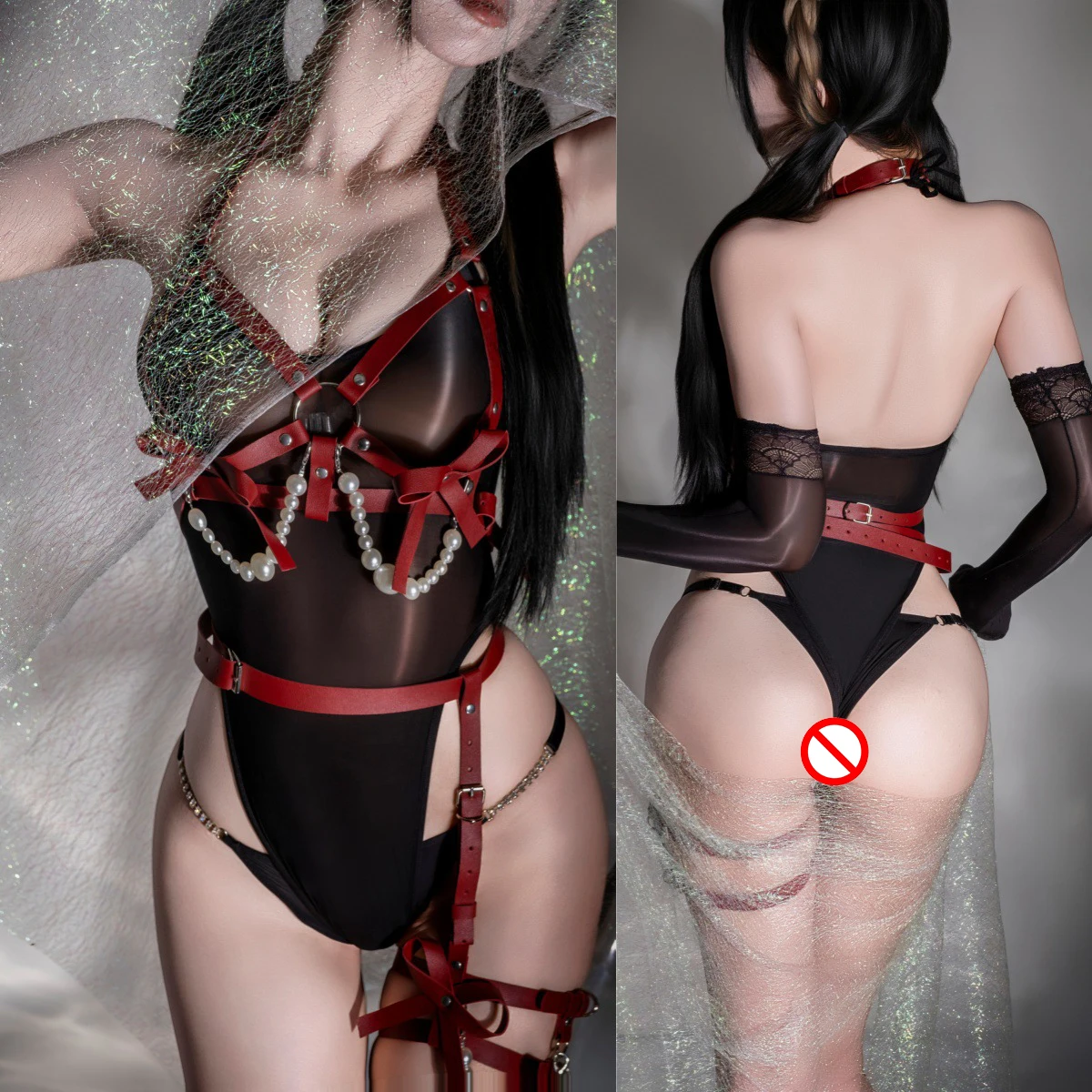 

New Women Oil Bodysuit Sexy Lingerie Red Bow Strap Pearl Bondage Body Secret Pajamas Erotic Costumes Ma You suspender stockings