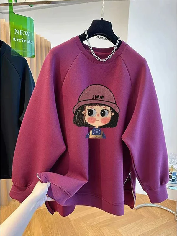 plus Size 300 Pou Korean Cartoon Print round Ne Sweatirt Women Loose Mid-Length Casual Top Comfortable Loose Fit Hoodie