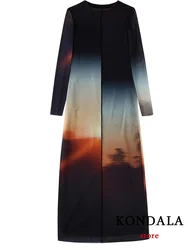 KONDALA Vintage Tie Dye Women Dress Printing Long Sleeve O-Neck Straight Vestidos Fashion 2022 Chic Straight Female Dress