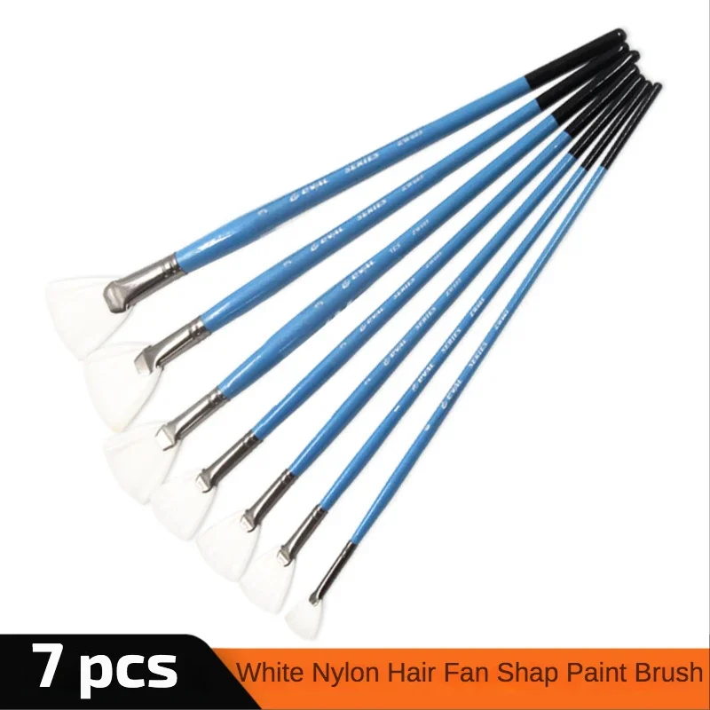 7 Pcs/set High Quality White Nylon Hair Fan-shaped Blue Long Birch Rod Oil Painting Pen Acrylic Artist's Professional Brush Art