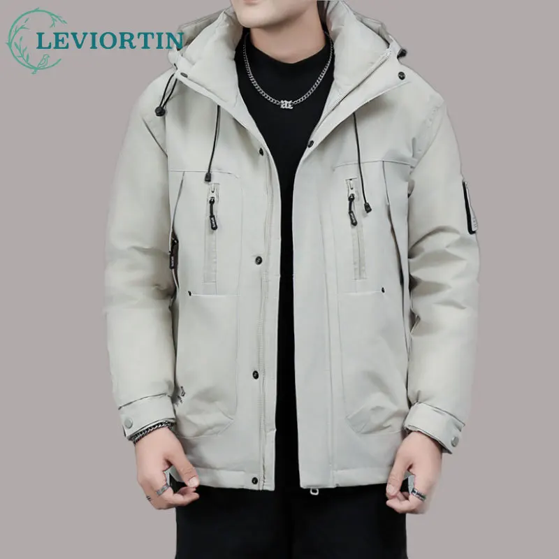 Cargo Down Jacket Men's Winter 2024 Trendy Outdoor Hooded Thick Warm White Duck Down Jacket Casual Workwear Handsome Jacket Man