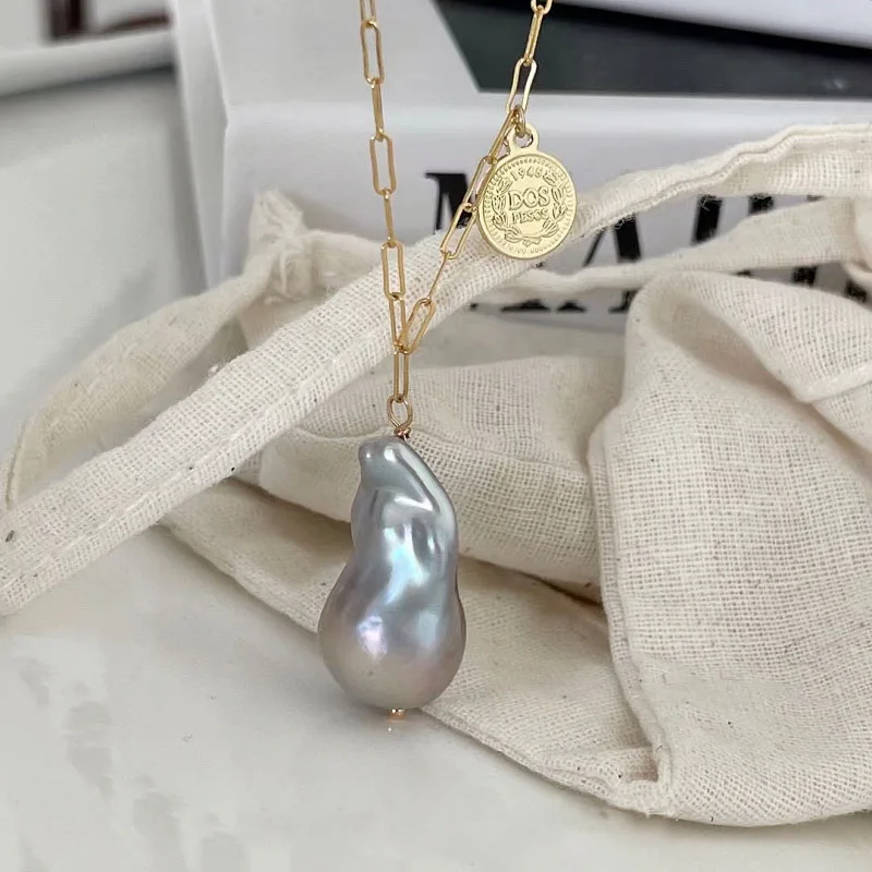 

S925 Natural Gray Purple Big Baroque Pearl Coin Pendant Necklace Women Jewelry Punk Designer Runway Rare Gown Boho Japan Korean