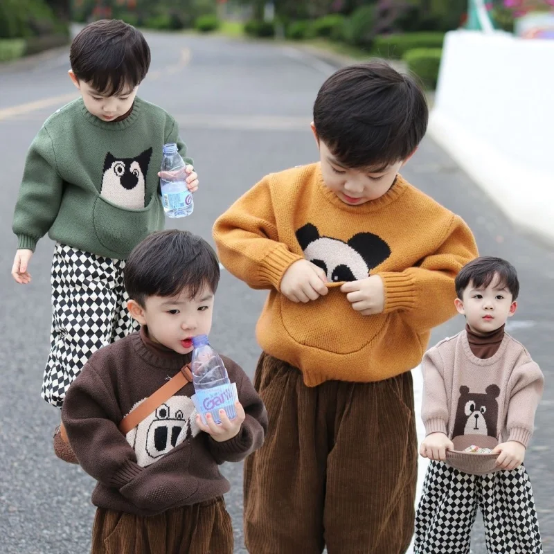 

Boys Girls Japanese Cartoon Baby Soft Knitted Sweater Cute Big Pocket 2025 New Spring Autumn Kids Top Children's Clothing