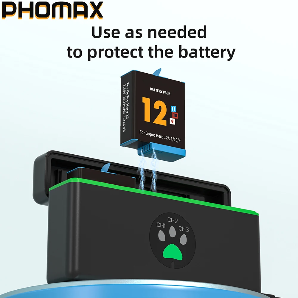 PHOMAX 1900mAh Battery for GoPro hero 12 3-Slots Charger with Type-C Port For GoPro Hero 12 Go Pro 10 hero 11 9 Sport Cameras