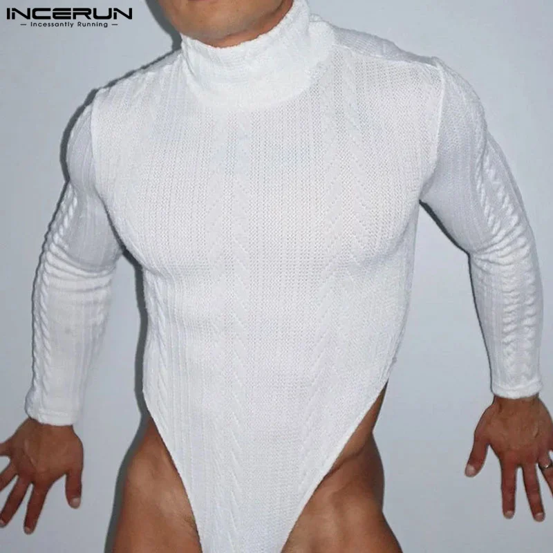 2024 Men Bodysuits Solid Color Turtleneck Long Sleeve Sexy Male Rompers Fitness Streetwear Fashion Casual Bodysuit S-3XL INCERUN