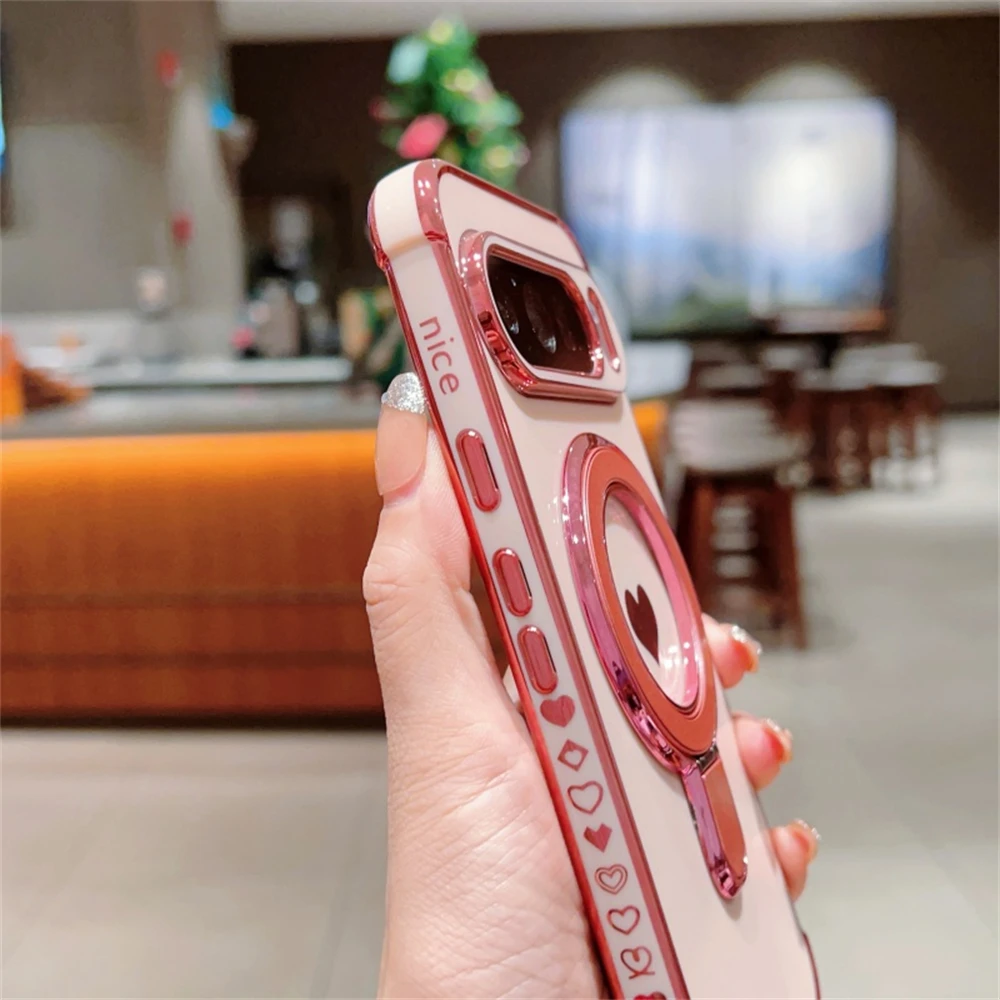 تصفيح سيليكون قوس الحالات الهاتف المغناطيسي لجوجل بكسل 10 9 8 برو XL 9 8 7 حالة الحب القلب حامل حامل MagSafe غطاء