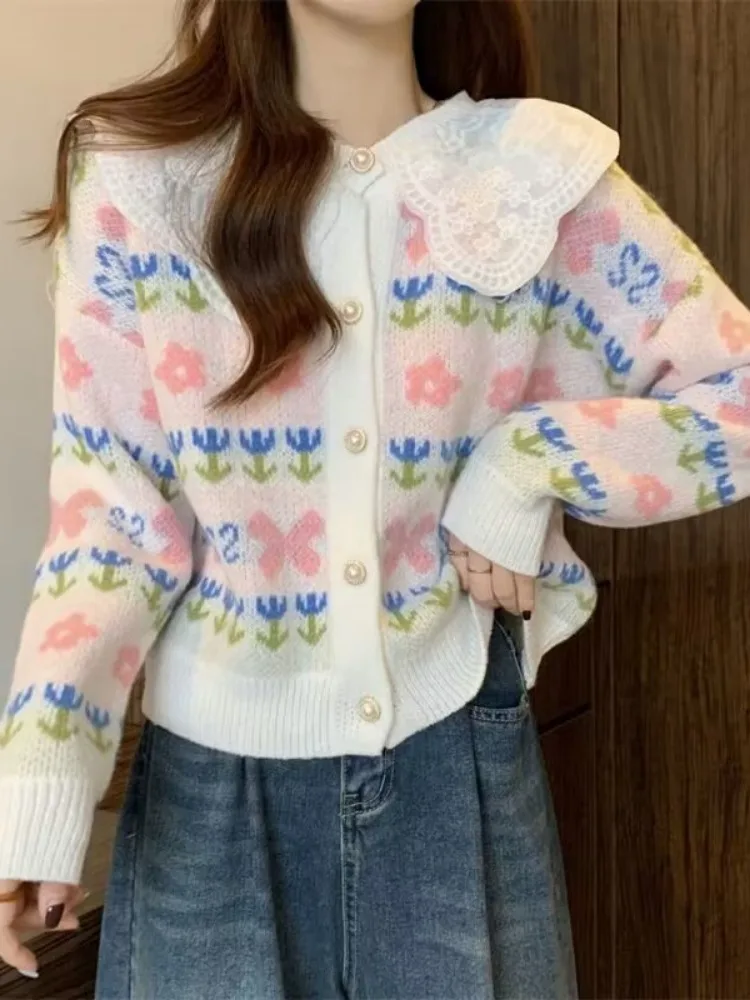 

Autumn Y2k Loose Cardigan Coat Women Clothing Pull Femme Korean Fashion Sweet Sueter Patchwork Lace Knitwear Sweater Tops Mujer