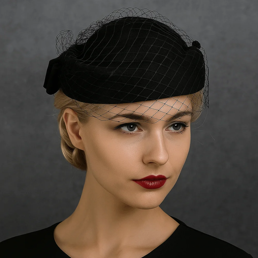 Jazz Hat Mesh Wool Bow Hat with Veil Solid Color Cashmere Stewardess Cap Warm Photography Decoration Pillbox Hat Dinner