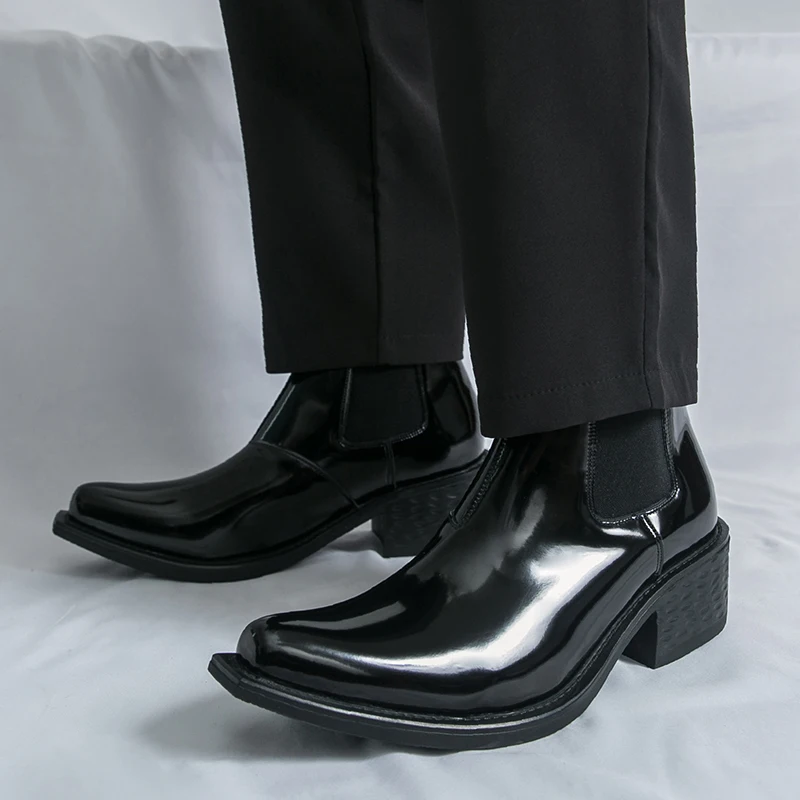 Men Chelsea Boots PU High Heels Pointed Fashion Classic Black Men Boots