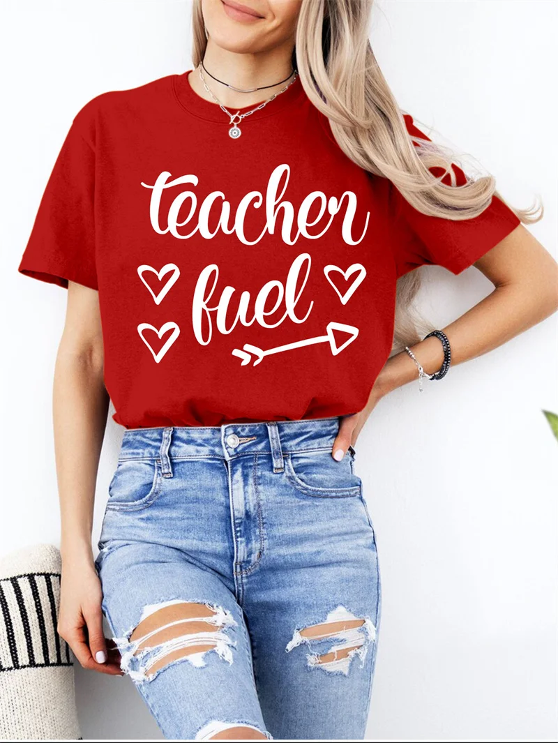 New summer fashion cotton women's teacher fuel love letter printed Teacher's Day print vintage round neck short-sleeved T-shirt