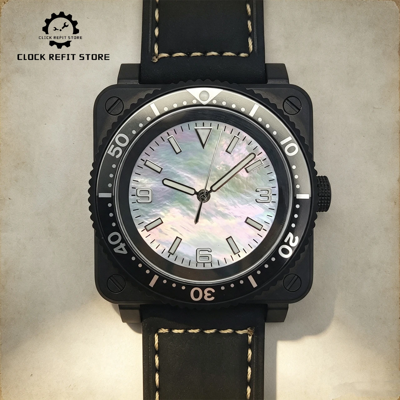 New Arrival 42mm NH35 Square Watch Two-Tone Bezel, White Mother of Pearl Dial Sapphire Crystal Display Back Matte Case