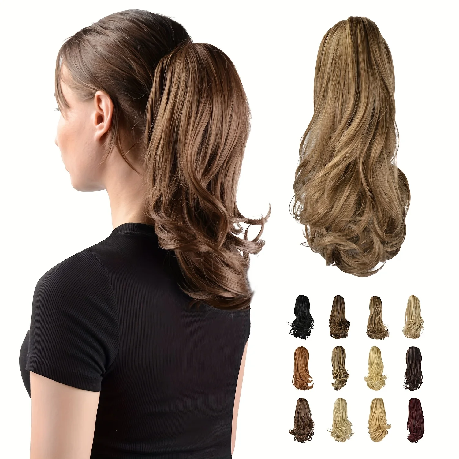 

4" Clip-In Curly Ponytail Hair Extension - Voluminous Curly Wave Synthetic Hairpiece with Claw Clip Brown Blonde for Women Secur