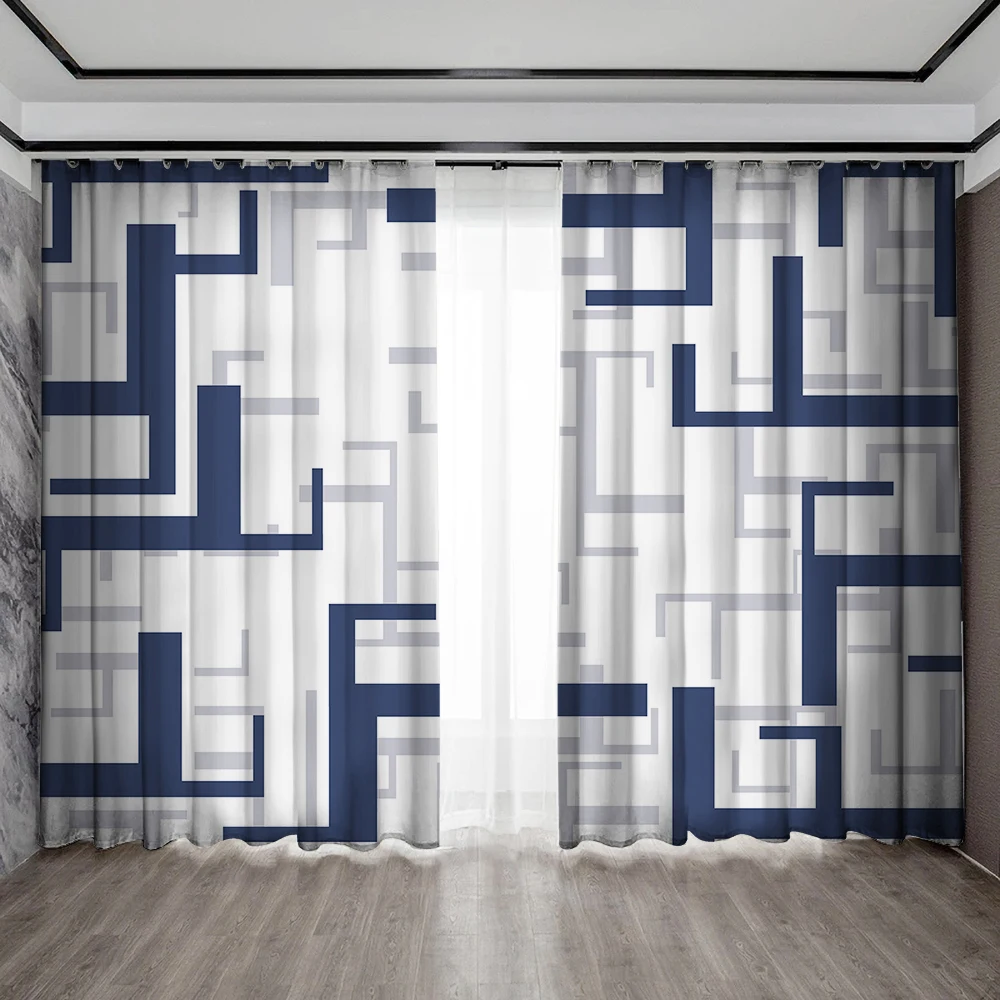 2PC Home Decoration Curtain Charm Geometric Fashion Elements Grid Printed Curtain Set, Suitable For Bedroom Garden Balcony