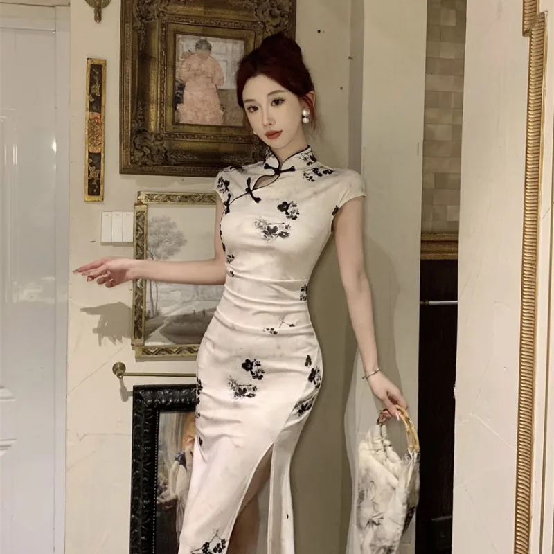 New Chinese Sle Slimming Waist Qipao Dr Stand Collar Full Skirt Summer 2025 Faionable Women's Clothing
