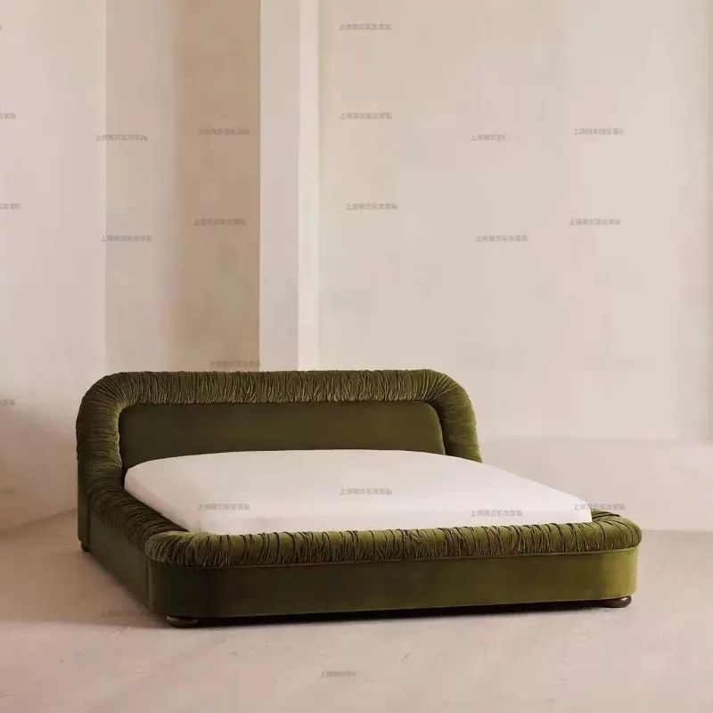 French Cream Wind Hotel Villa Model Room Folded Bed 1.8 meters Double Olive Green Fabric Solid Wood Master Bed