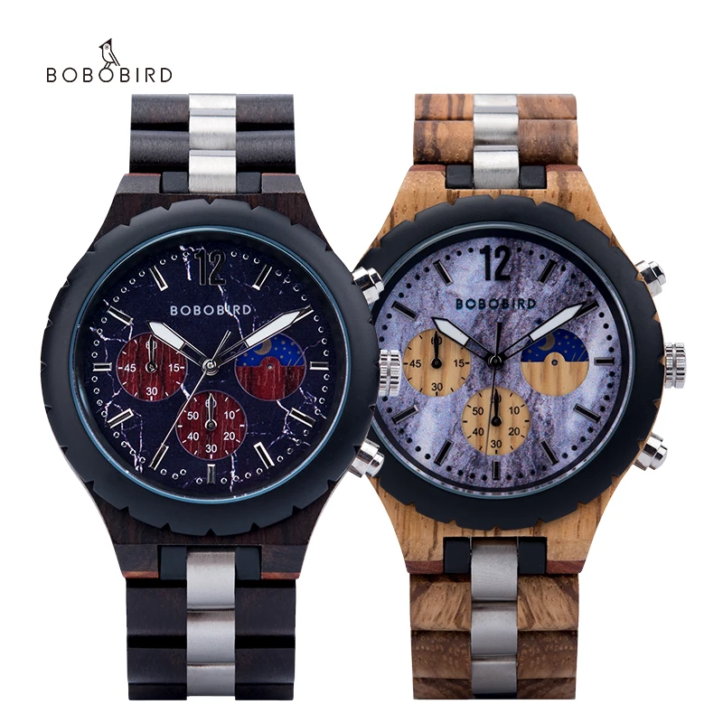 

BOBO BIRD Natural Wood Watch for Men Classic Business Chronograph Watches with Auto Date Military Wristwatch Customized Gift