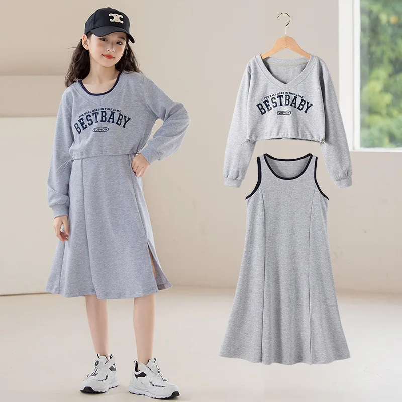 

Chidren Girls Dress Two-piece Sets Autumn Letter Printed V-neck Sweatshirt+Sleeveless Dress Baby Girls Sets Kids Girls Dress Set