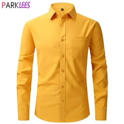 Yellow Mens Dress Shirts 2023 Spring New Regular Fit Stretch Button Down Shirt Men Wrinkle-Free Easy Care Causal Formal Chemise