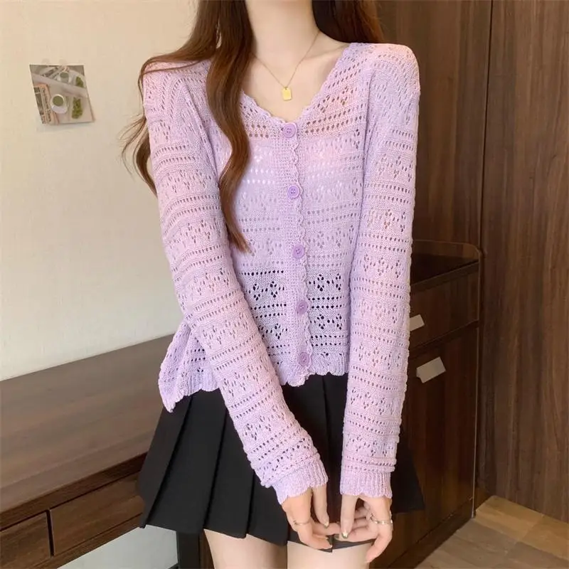 Cardigan estivo scavato da donna con scollo a V elegante maglieria dolce a prova di sole casual femme solido tutto-fiammifero manica lunga accogliente vacanza