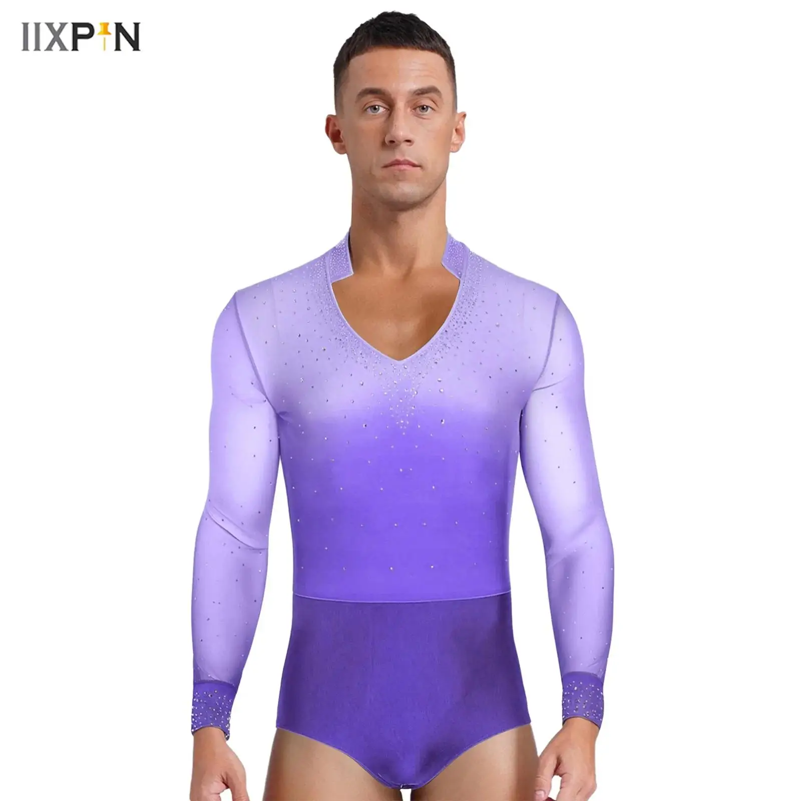 

Men's Figure Skating Leotards Gradient V Neck Long Sleeve Rhinestones Open Crotch One Piece Bodysuit for Gymnastics Ballet Dance