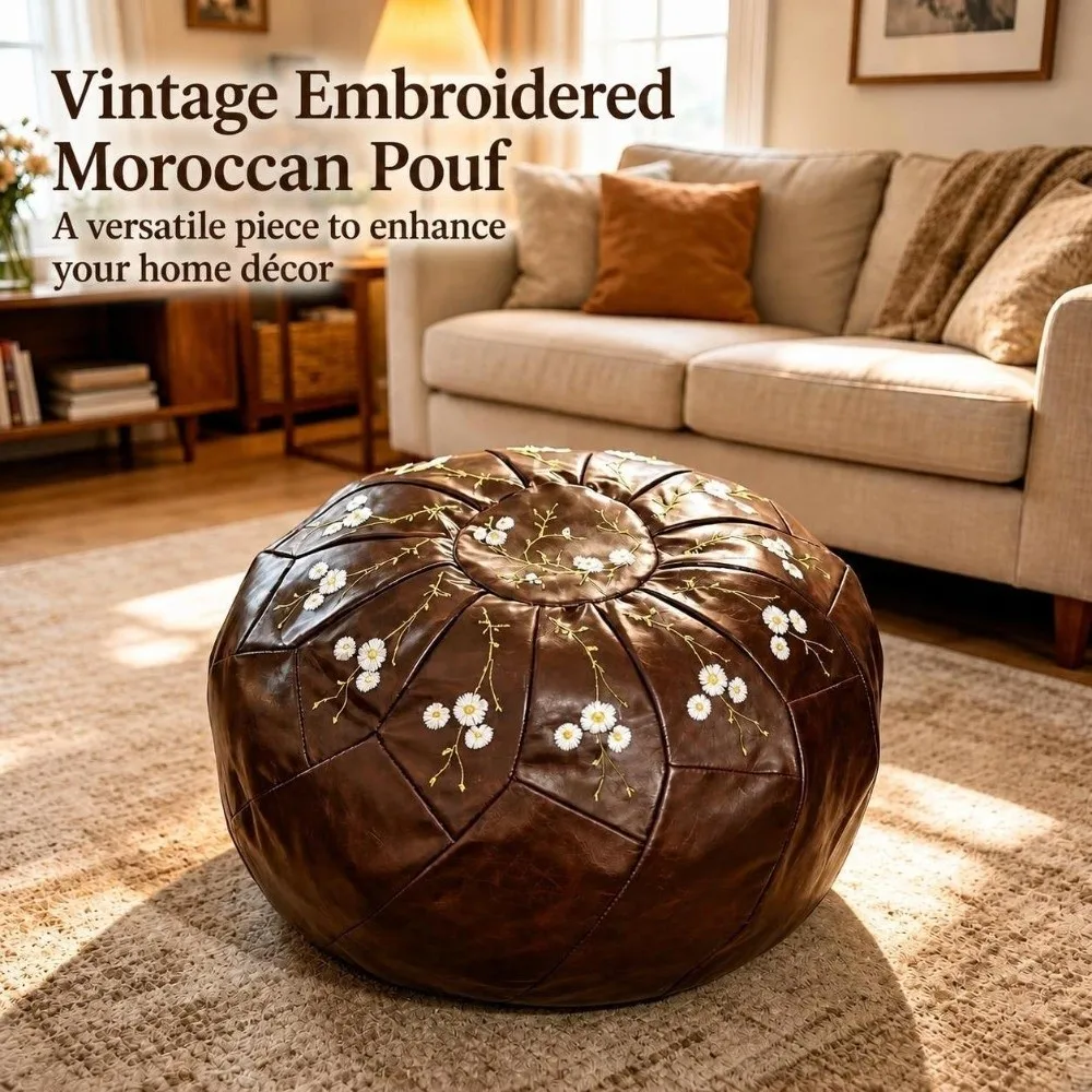 New Unstuffed Pouf Ottoman Fillable PU Leather Round Pouf Cover Water Resistant Large Opening Footstool Cover Home Use