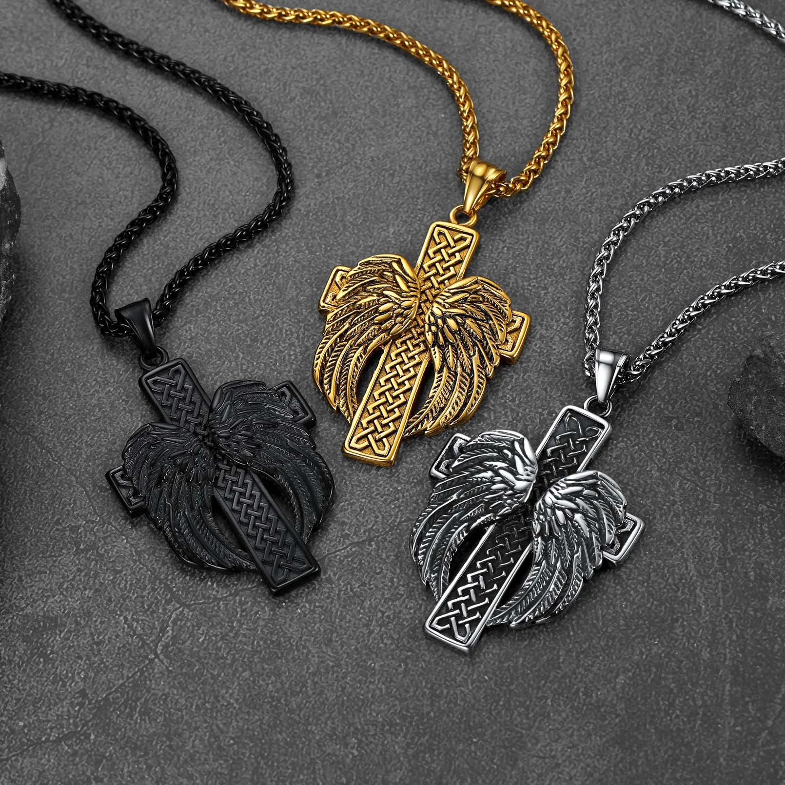 U7 Stainless Steel Cross Necklaces Jesus Prayer Hand Wings Bible Engraved Tag CZ Cross Charm Religious Unisex Jewelry Clearance