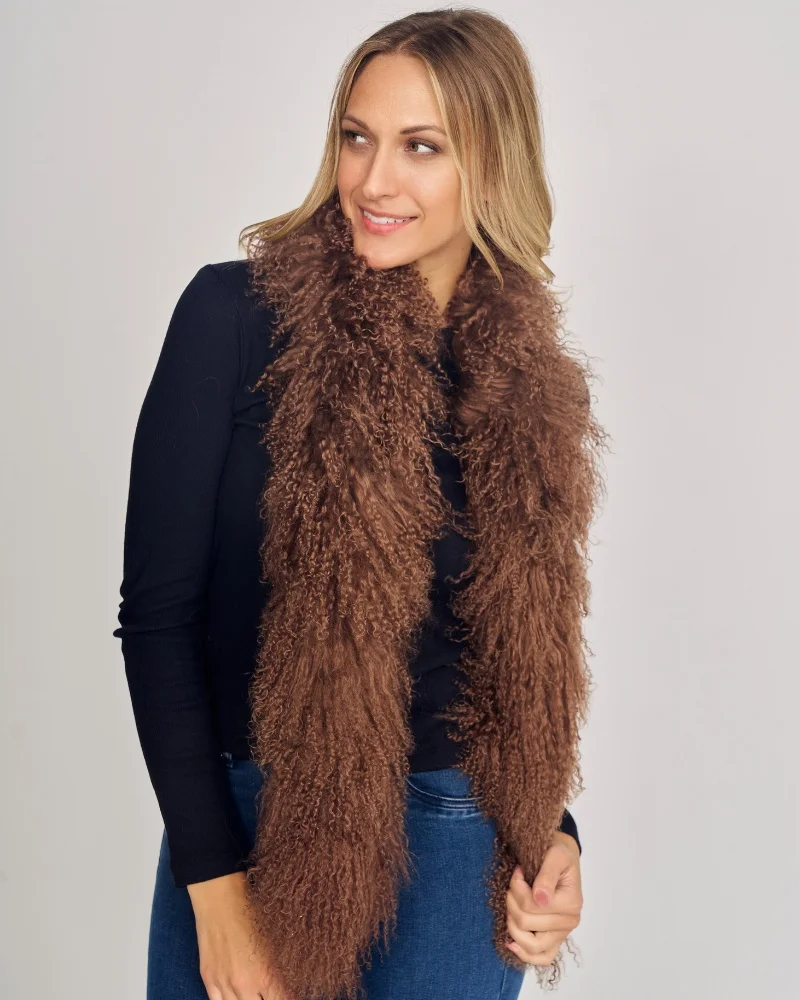 Women's genuine Mongolian cashmere scarf, genuine tan wool leather scarf