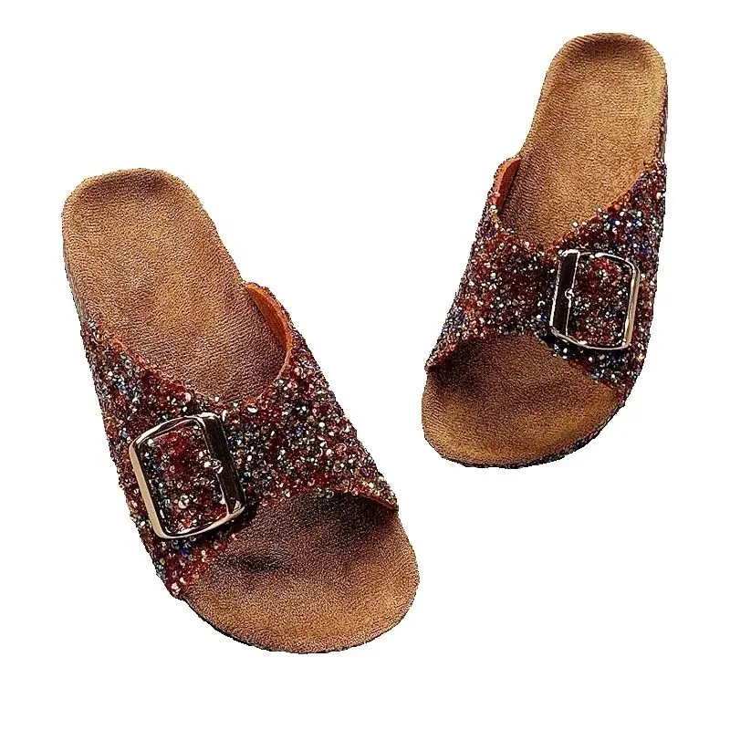 

Летние тапочки на плоской подошве с бриллиантами, уличные пробковые тапочки для девочек, пляжные шлепанцы, уличные женские тапочки с металлической пряжкой