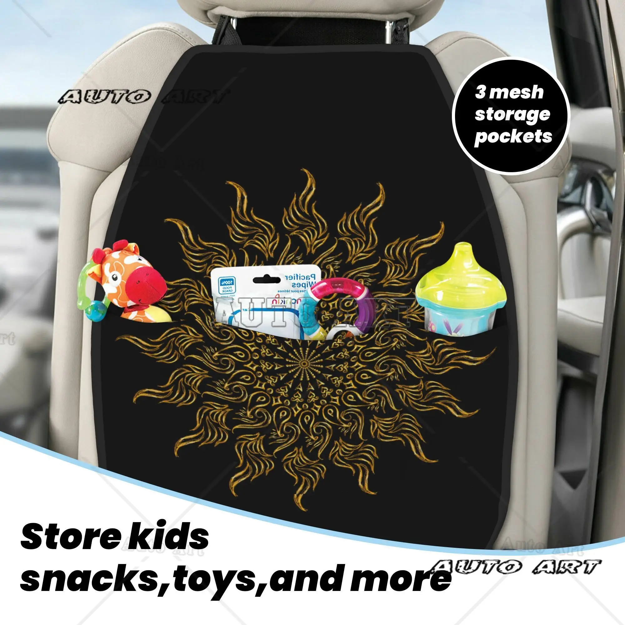 2pcs Golden Mandala Design Car Seat Back Organizer Car Back Seat Organizer Large Kick Mats with Storage Pockets for Universal