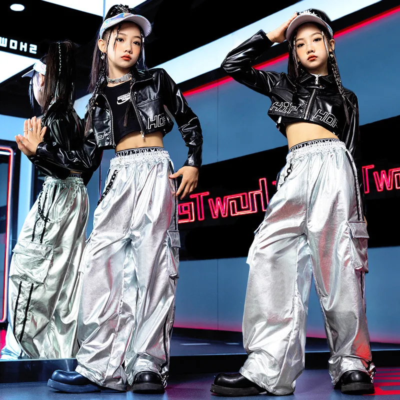 

Jazz Dance Girl Costume Hip Hop Model Catwalk Crop Top Silver Trousers Show Costume