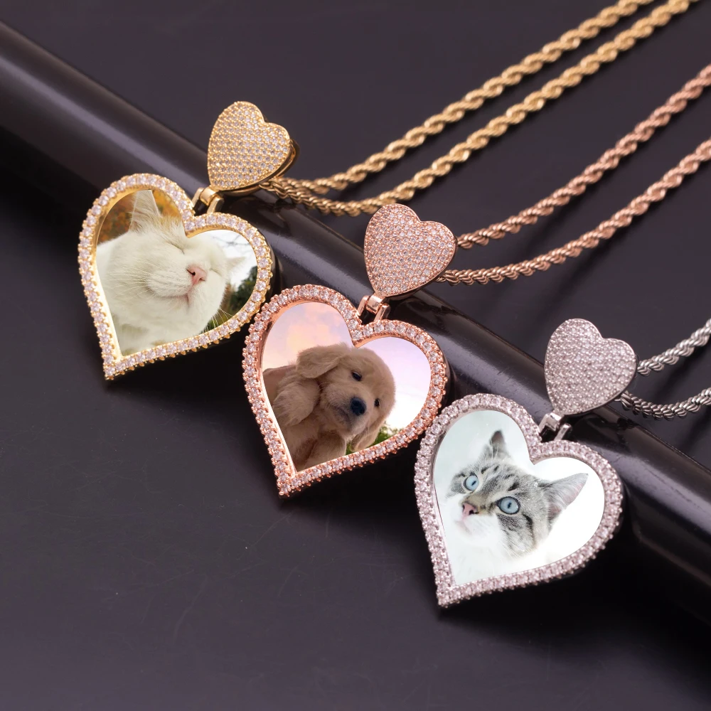 

New Heart Hook Picture Memory Medallions Heart Shaped Pendants Hip Hop Bling Jewellery Cubic Zircon Heart Photo Necklace Jewelry