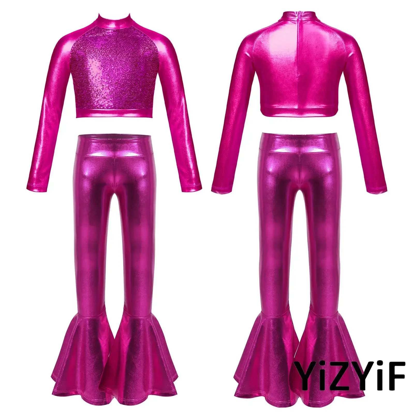 

Детский костюм для джазовых и уличных танцев для девочек: укороченный топ с высоким воротником, длинными рукавами, пайетками спереди и металлическим эффектом, а также брюки-клеш.