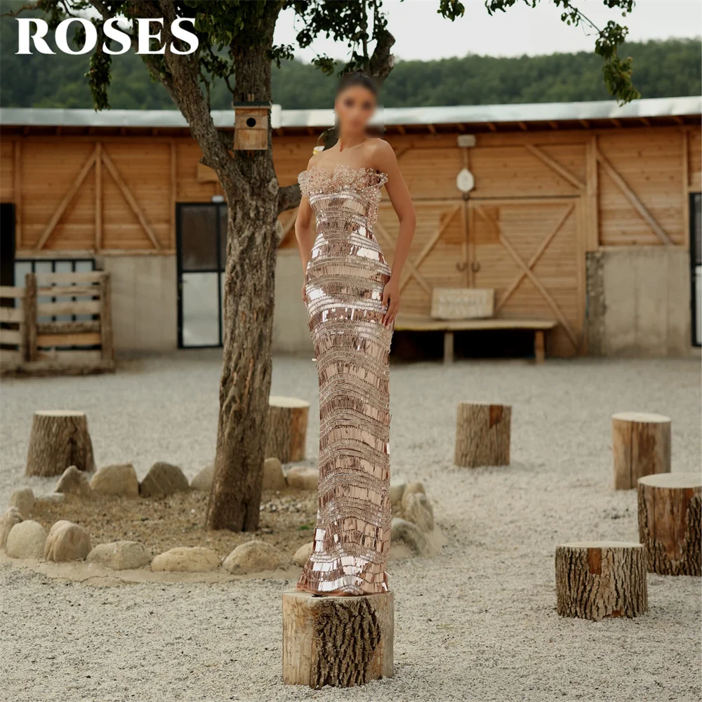 ROSES Rose Gold Evening Dresses Strapless Sleeveless Formal Gown Trumpet Night Dresses Glitter Sequin Prom Dresses Customized
